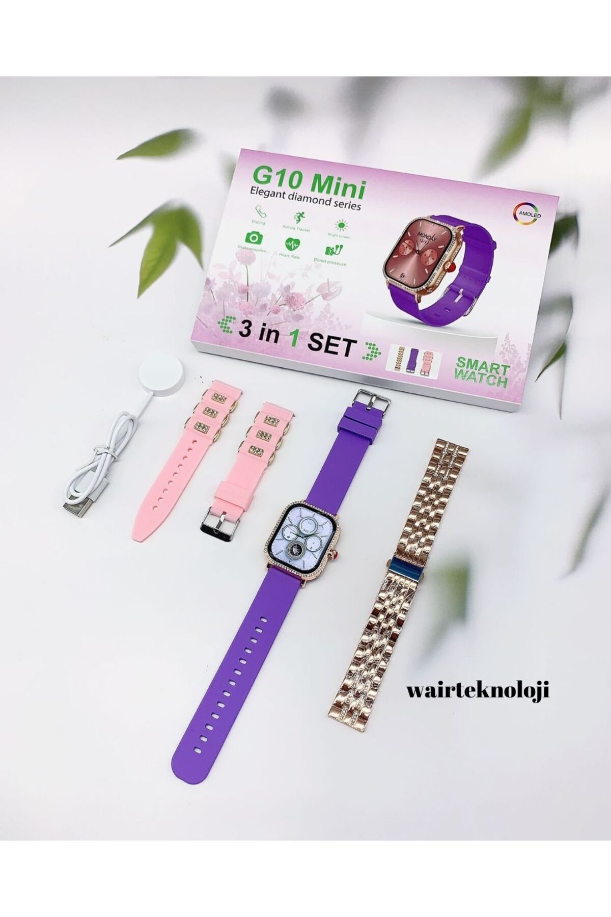 G10 Mini Kadın Akıllı Saat 3 Kordonlu  Watch 10 Bluetooth Bağlantılı AMOLED Ekran